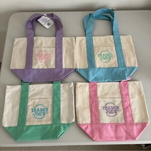 NWT - Set of Trader Joe Pastel Mini Canvas bags Blue, green, lavender and pink